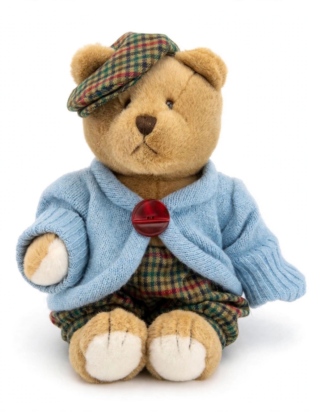 Vintage Teddy Bear Land Corp Jointed Blue Sweater Plaid Knickers Korea 15”